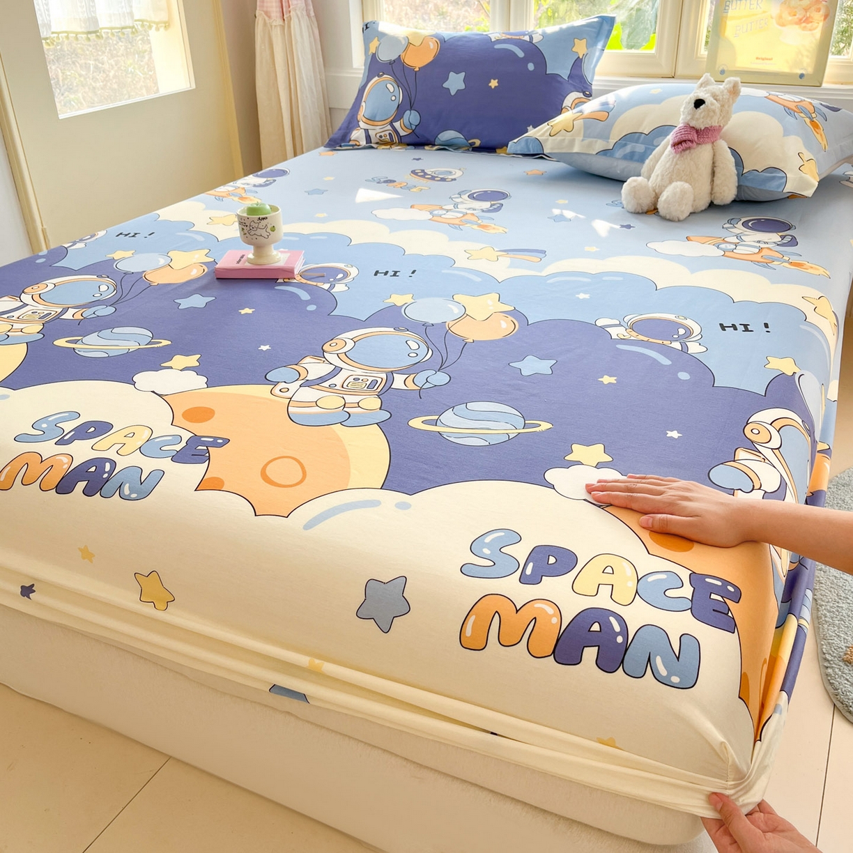 91家纺网 家纺一手货源 找家纺 莱通家纺 2026春夏新款全棉12868印花四件套单品系列-单床笠 太空梦乐园