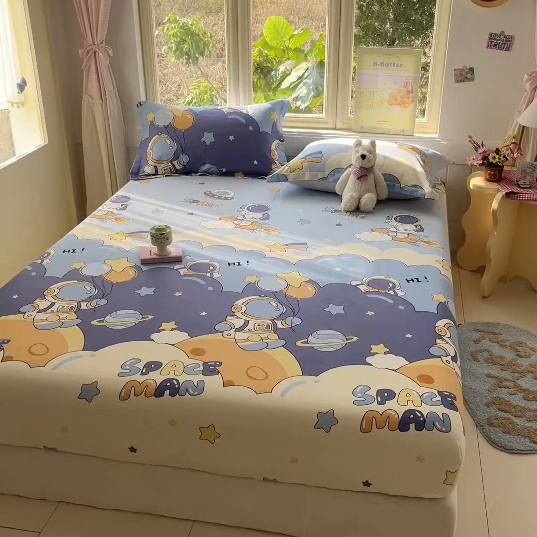 91家纺网 家纺一手货源 找家纺 莱通家纺 2026春夏新款全棉12868印花四件套单品系列-单床笠 太空梦乐园