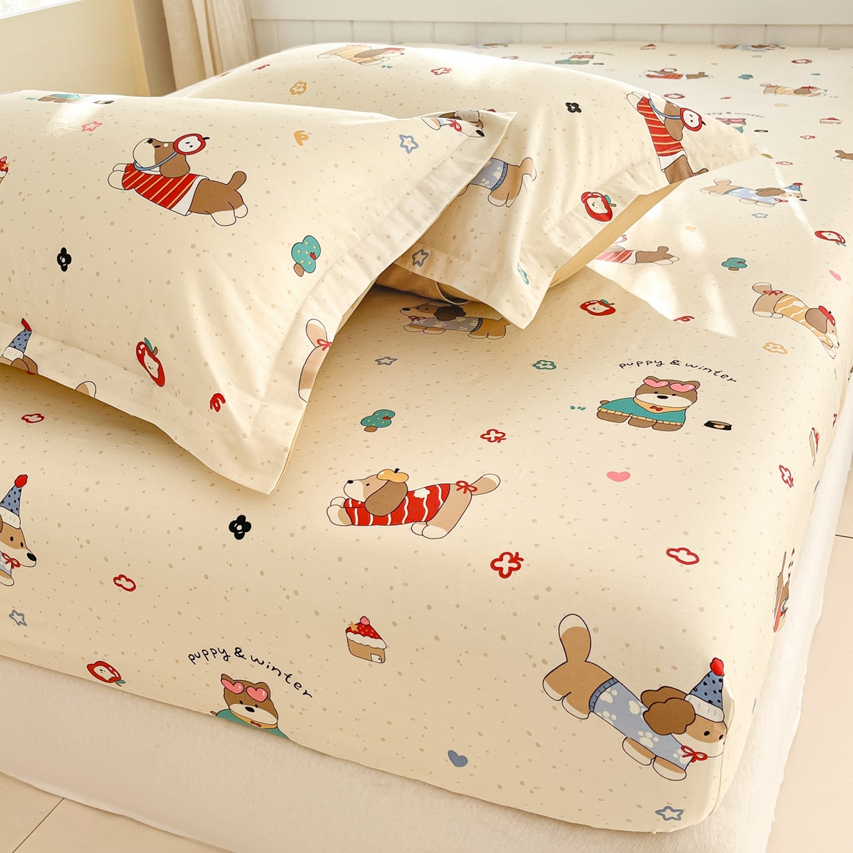 91家纺网 家纺一手货源 找家纺 莱通家纺 2026春夏新款全棉12868印花四件套单品系列-单床笠 汪星卧室