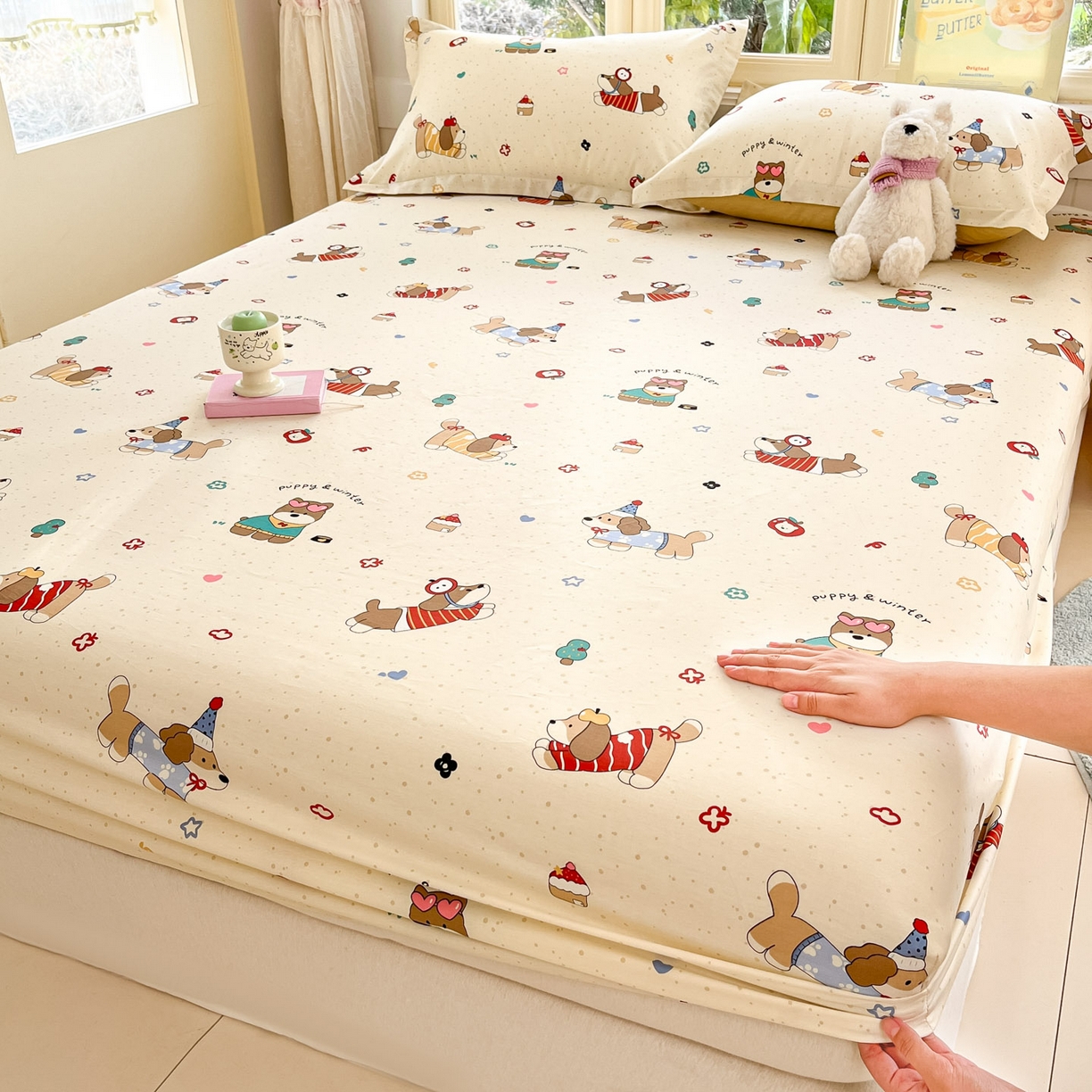 91家纺网 家纺一手货源 找家纺 莱通家纺 2026春夏新款全棉12868印花四件套单品系列-单床笠 汪星卧室