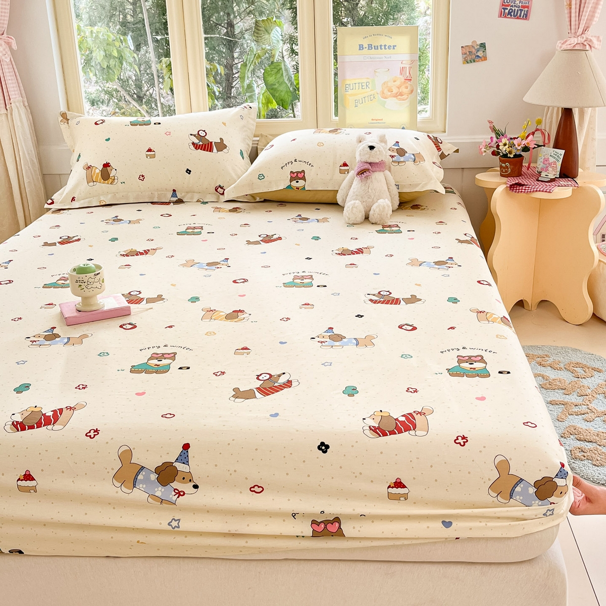 91家纺网 家纺一手货源 找家纺 莱通家纺 2026春夏新款全棉12868印花四件套单品系列-单床笠 汪星卧室