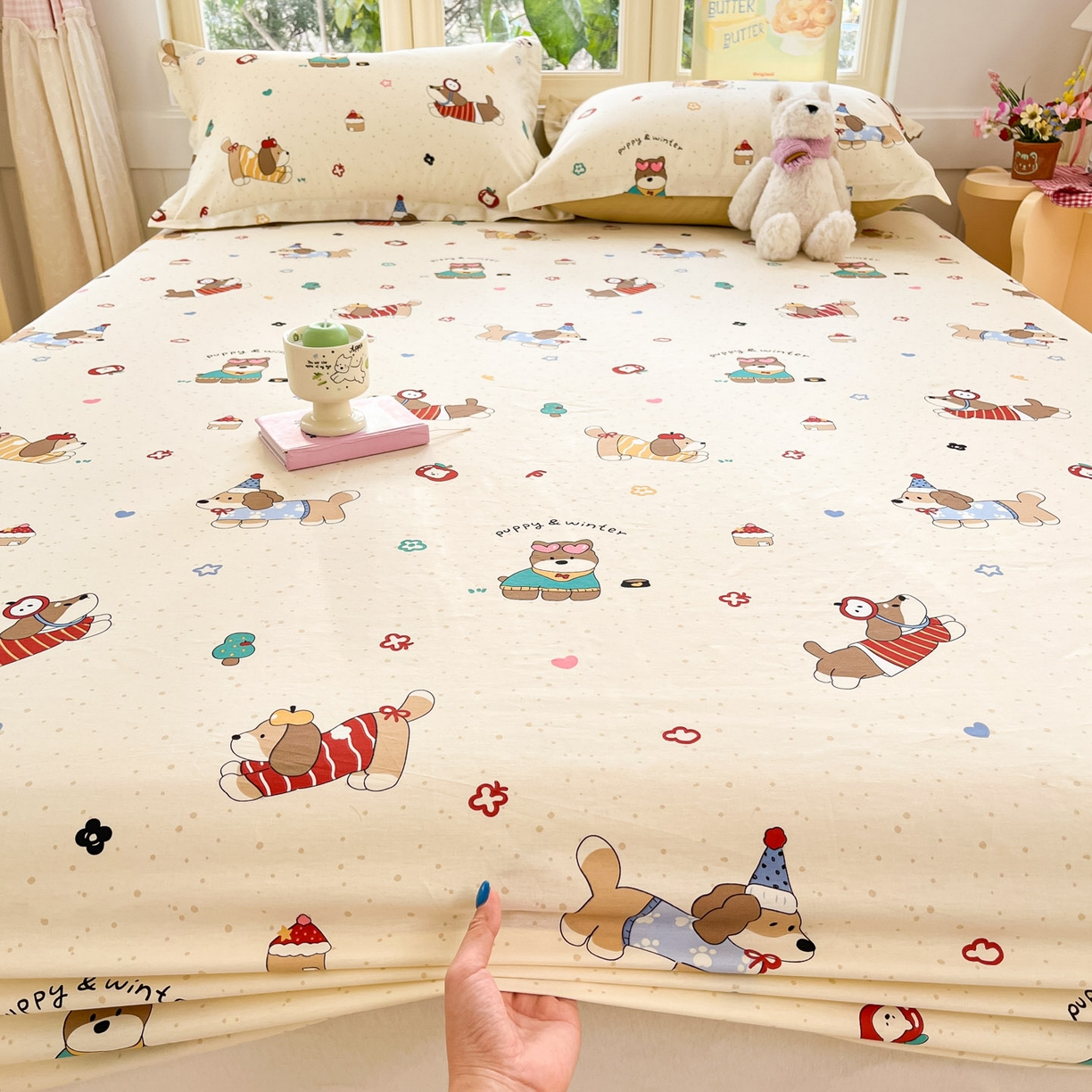 91家纺网 家纺一手货源 找家纺 莱通家纺 2026春夏新款全棉12868印花四件套单品系列-单床笠 汪星卧室