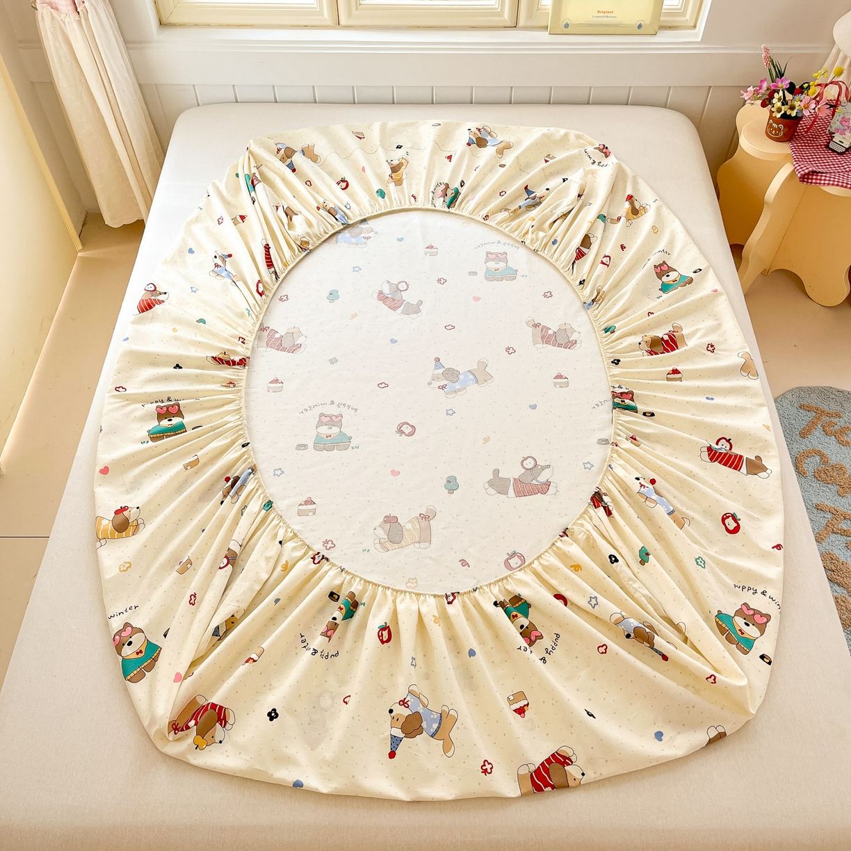 91家纺网 家纺一手货源 找家纺 莱通家纺 2026春夏新款全棉12868印花四件套单品系列-单床笠 汪星卧室