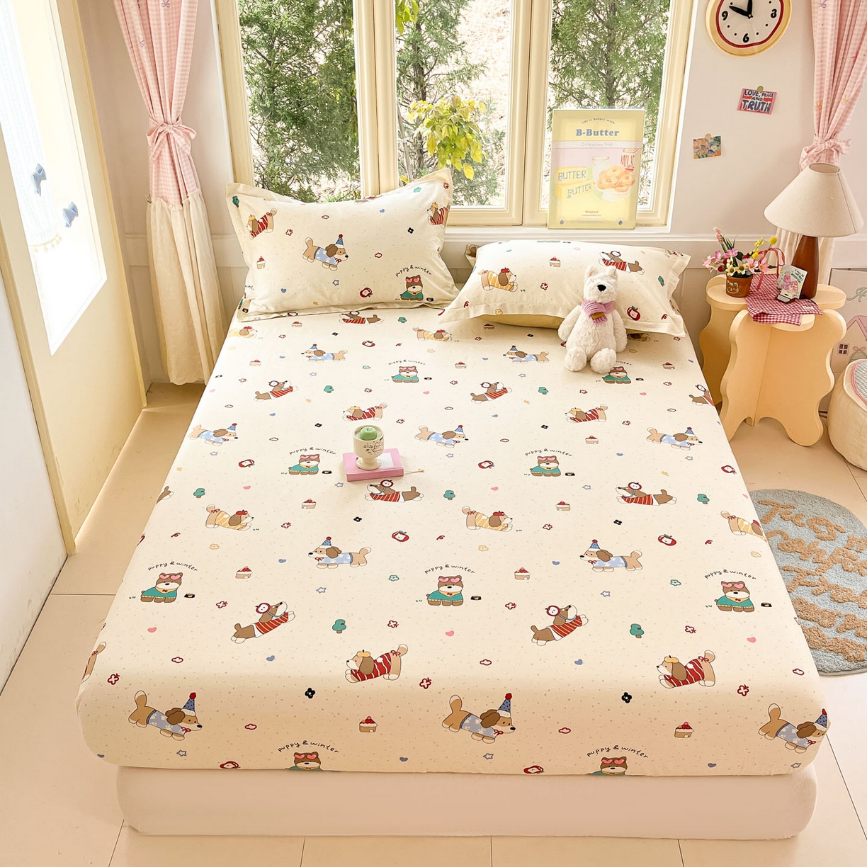 91家纺网 家纺一手货源 找家纺 莱通家纺 2026春夏新款全棉12868印花四件套单品系列-单床笠 汪星卧室