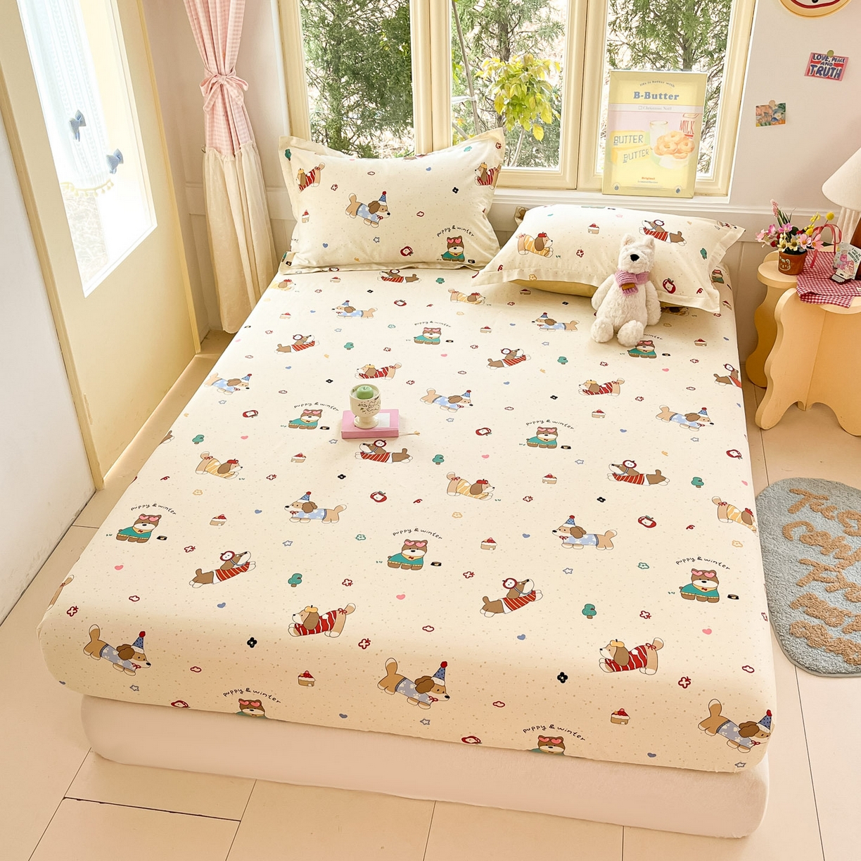 91家纺网 家纺一手货源 找家纺 莱通家纺 2026春夏新款全棉12868印花四件套单品系列-单床笠 汪星卧室