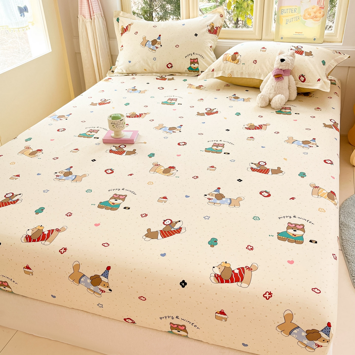 91家纺网 家纺一手货源 找家纺 莱通家纺 2026春夏新款全棉12868印花四件套单品系列-单床笠 汪星卧室