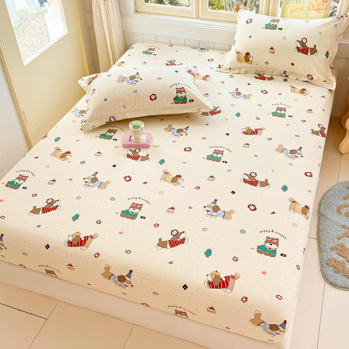 91家纺网 家纺一手货源 找家纺 莱通家纺 2026春夏新款全棉12868印花四件套单品系列-单床笠 汪星卧室