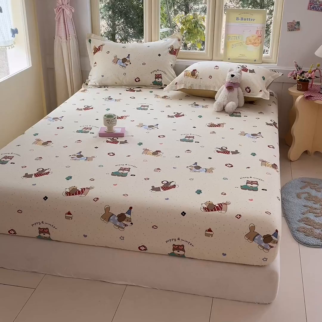 91家纺网 家纺一手货源 找家纺 莱通家纺 2026春夏新款全棉12868印花四件套单品系列-单床笠 汪星卧室