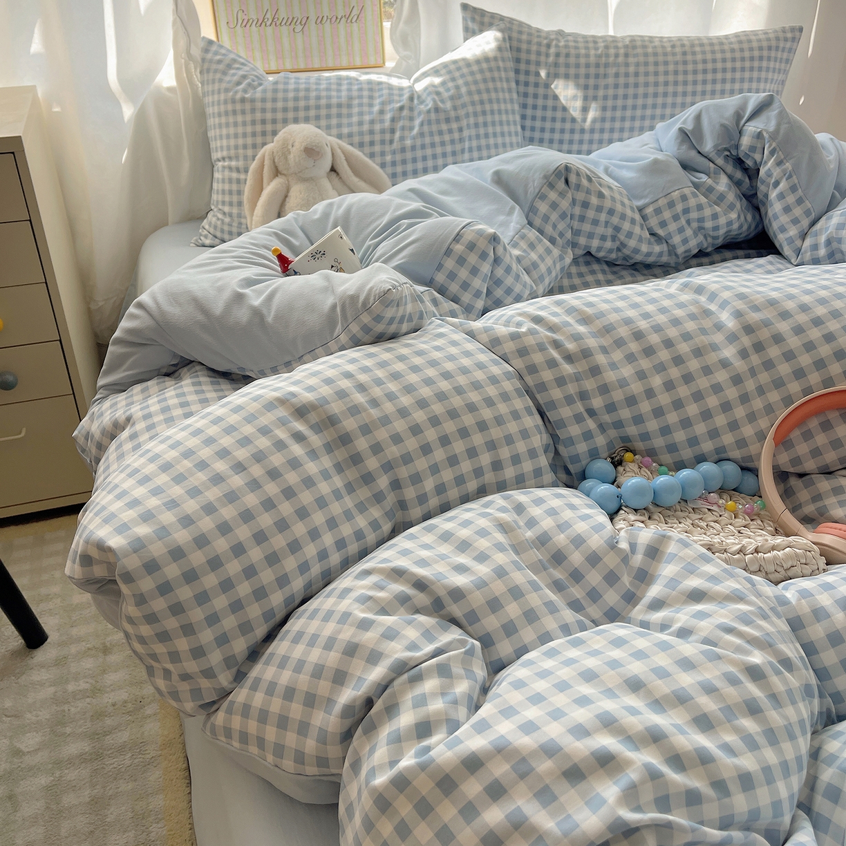 沐芷 2026 A类105g水洗棉四件套超柔手感床上宿舍三件套床单被套 浅蓝格