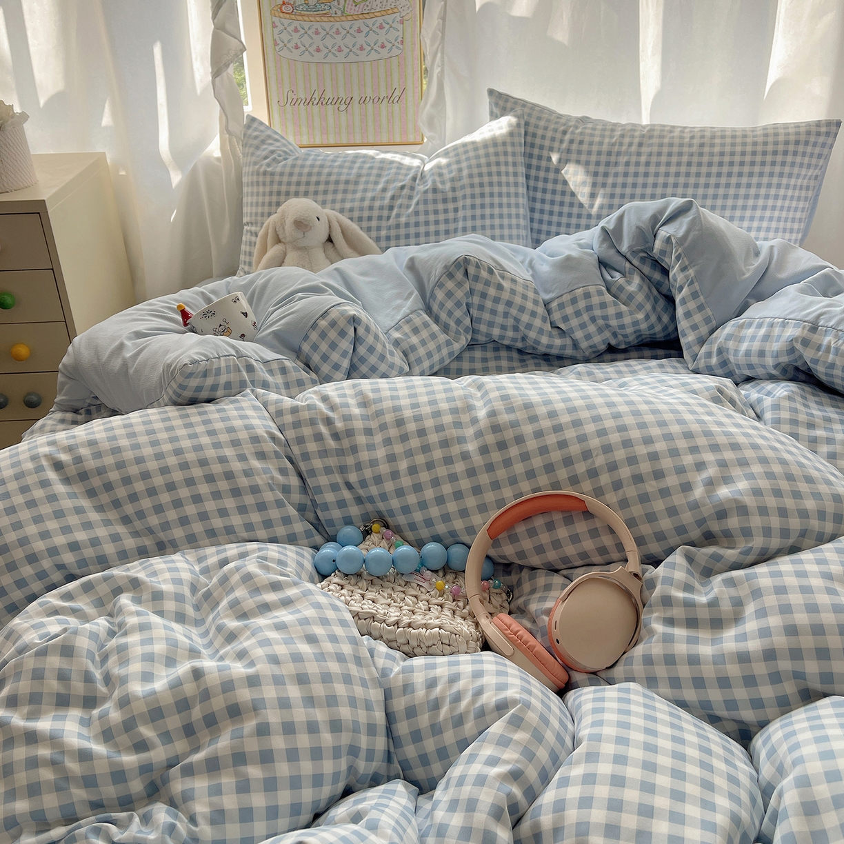 91家纺网 家纺一手货源 找家纺 沐芷 2026 A类105g水洗棉四件套超柔手感床上宿舍三件套床单被套 浅蓝格