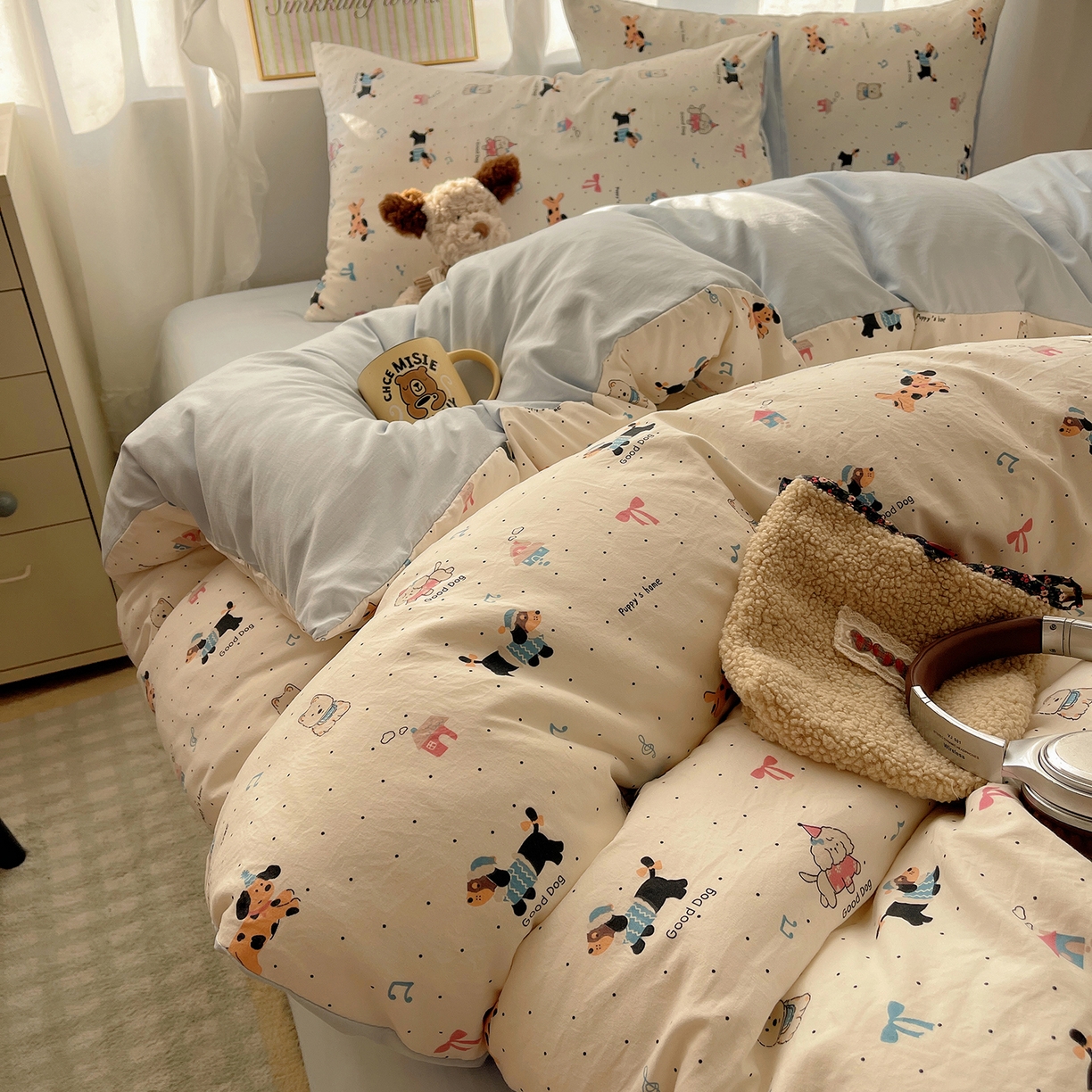 沐芷 2026 A类105g水洗棉四件套超柔手感床上宿舍三件套床单被套 波点狗