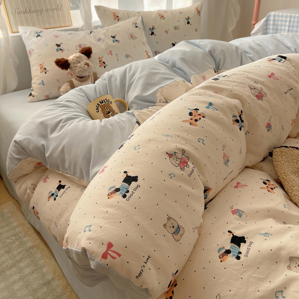 91家纺网 家纺一手货源 找家纺 沐芷 2026 A类105g水洗棉四件套超柔手感床上宿舍三件套床单被套 波点狗