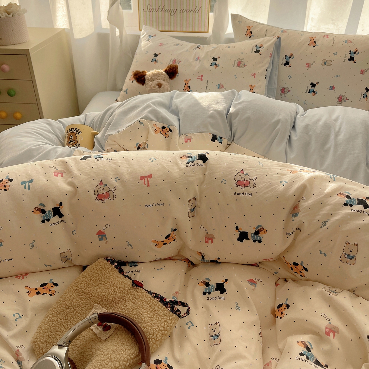 91家纺网 家纺一手货源 找家纺 沐芷 2026 A类105g水洗棉四件套超柔手感床上宿舍三件套床单被套 波点狗