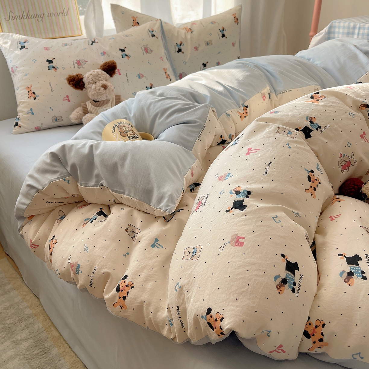 91家纺网 家纺一手货源 找家纺 沐芷 2026 A类105g水洗棉四件套超柔手感床上宿舍三件套床单被套 波点狗