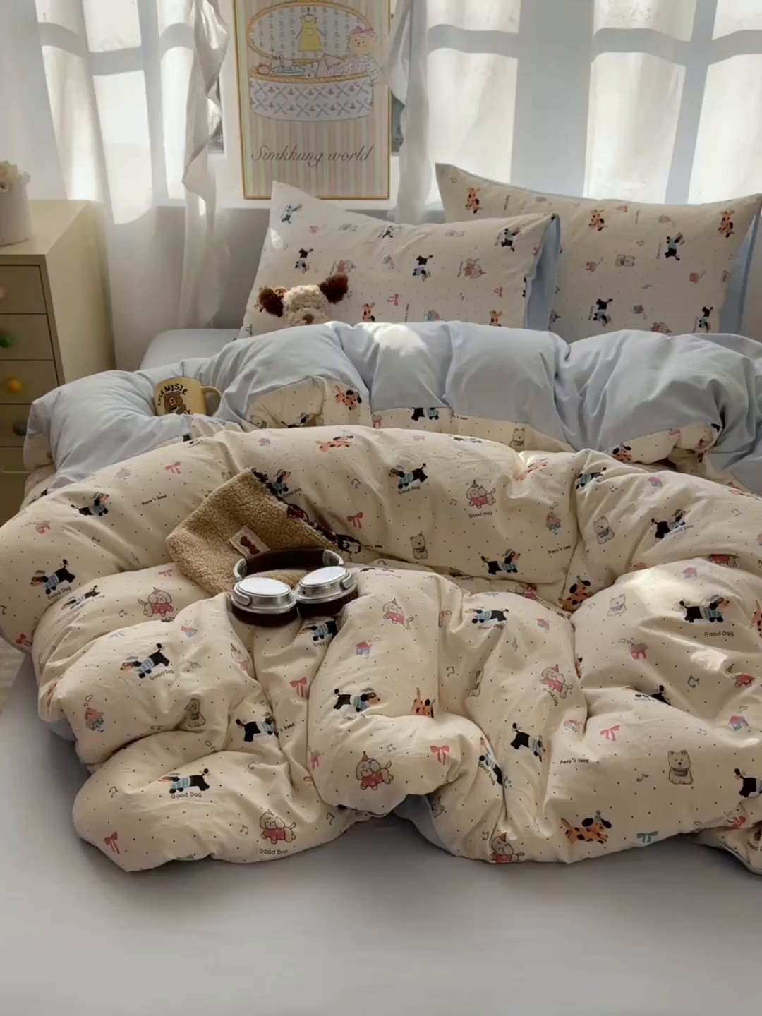 91家纺网 家纺一手货源 找家纺 沐芷 2026 A类105g水洗棉四件套超柔手感床上宿舍三件套床单被套 波点狗