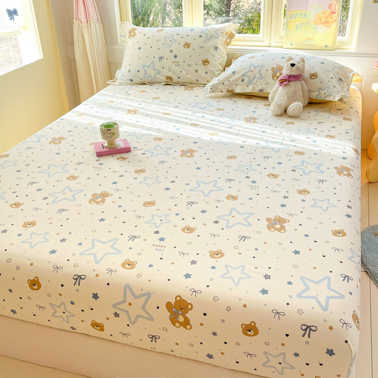 91家纺网 家纺一手货源 找家纺 莱通家纺 2026春夏新款全棉12868印花四件套单品系列-单床笠 小熊天文馆