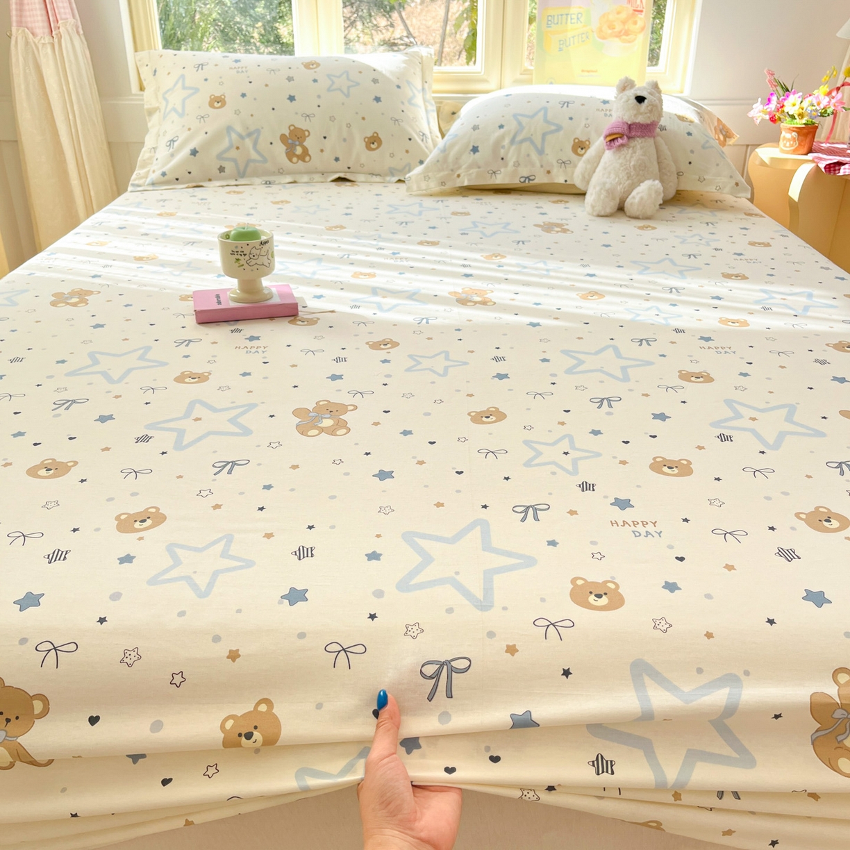 91家纺网 家纺一手货源 找家纺 莱通家纺 2026春夏新款全棉12868印花四件套单品系列-单床笠 小熊天文馆