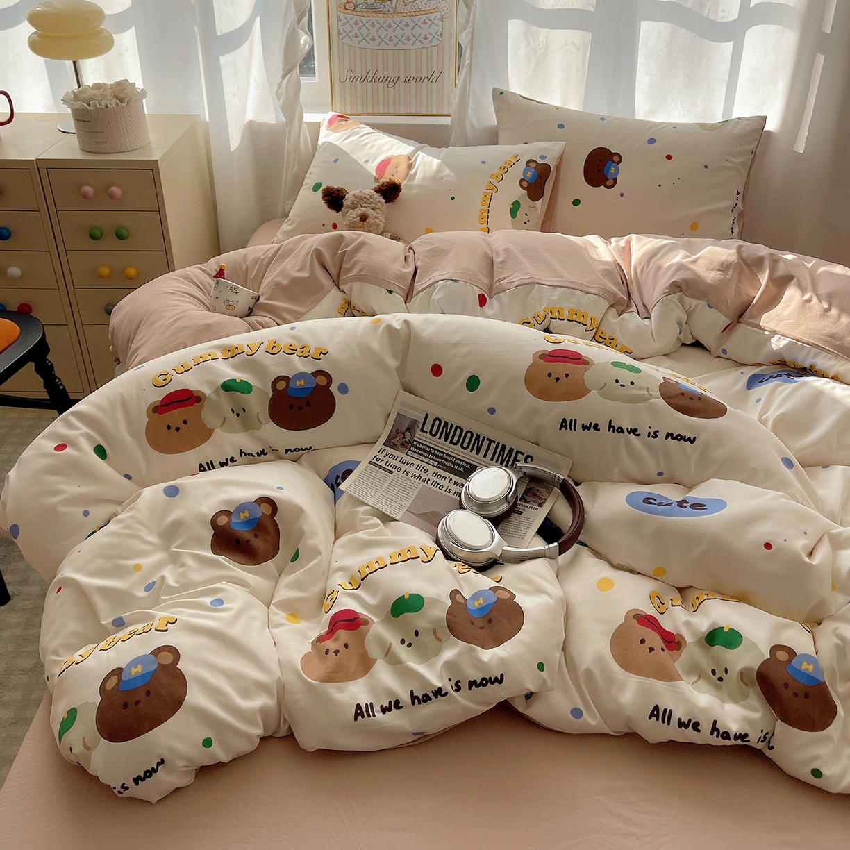 91家纺网 家纺一手货源 找家纺 沐芷 2026 A类105g水洗棉四件套超柔手感床上宿舍三件套床单被套 复古小熊