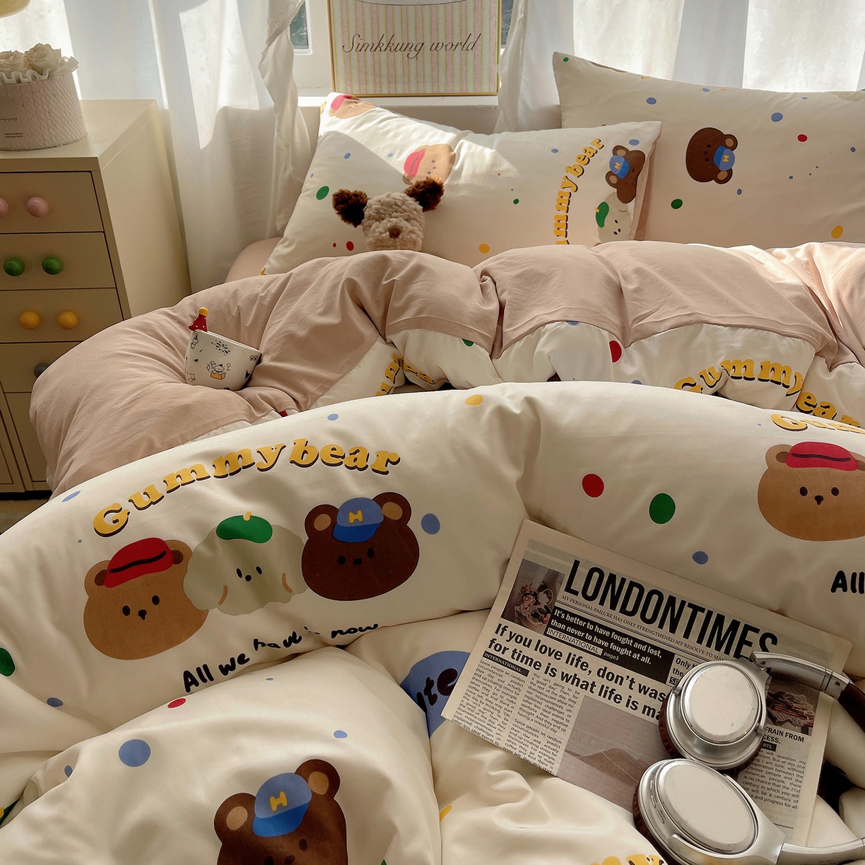 91家纺网 家纺一手货源 找家纺 沐芷 2026 A类105g水洗棉四件套超柔手感床上宿舍三件套床单被套 复古小熊