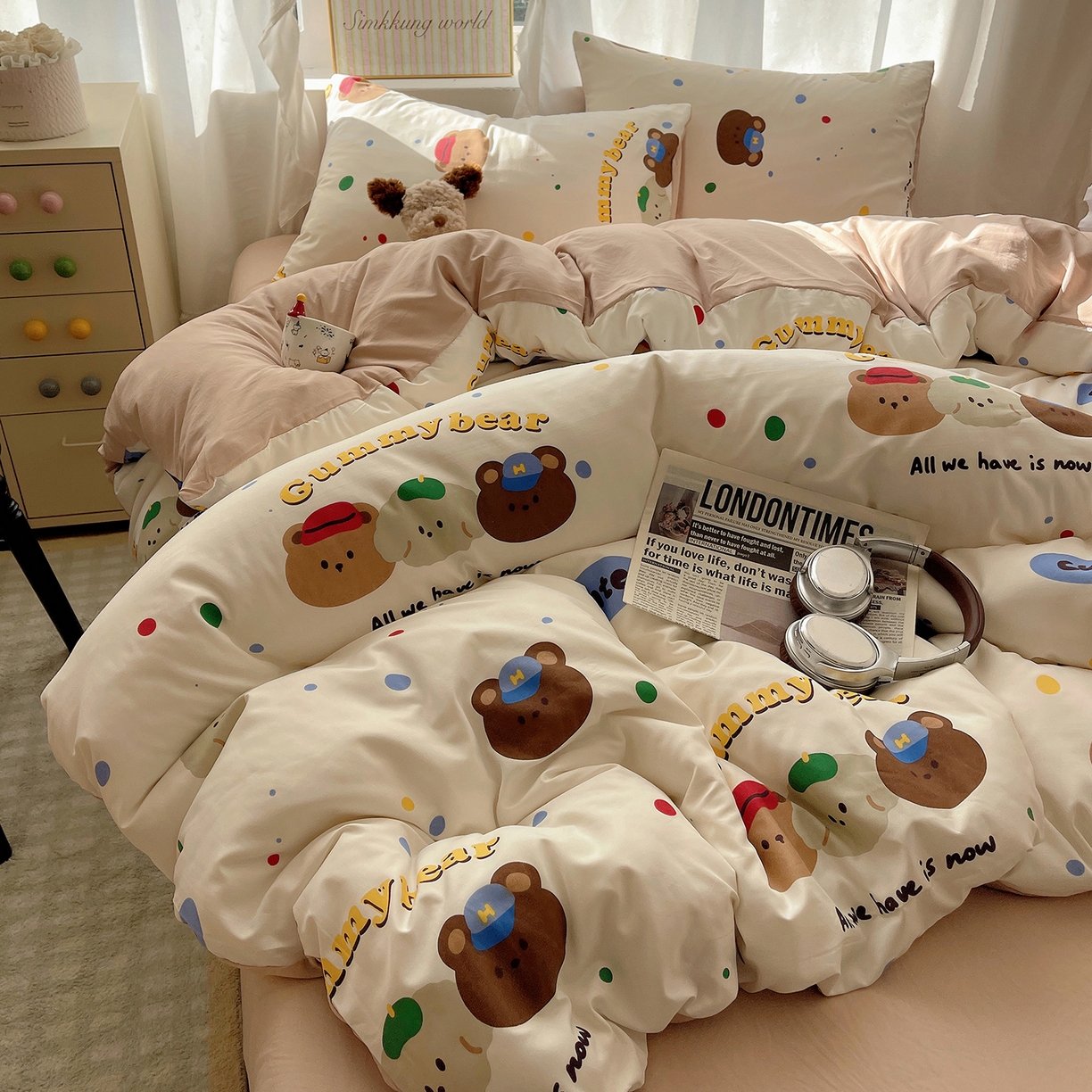 91家纺网 家纺一手货源 找家纺 沐芷 2026 A类105g水洗棉四件套超柔手感床上宿舍三件套床单被套 复古小熊