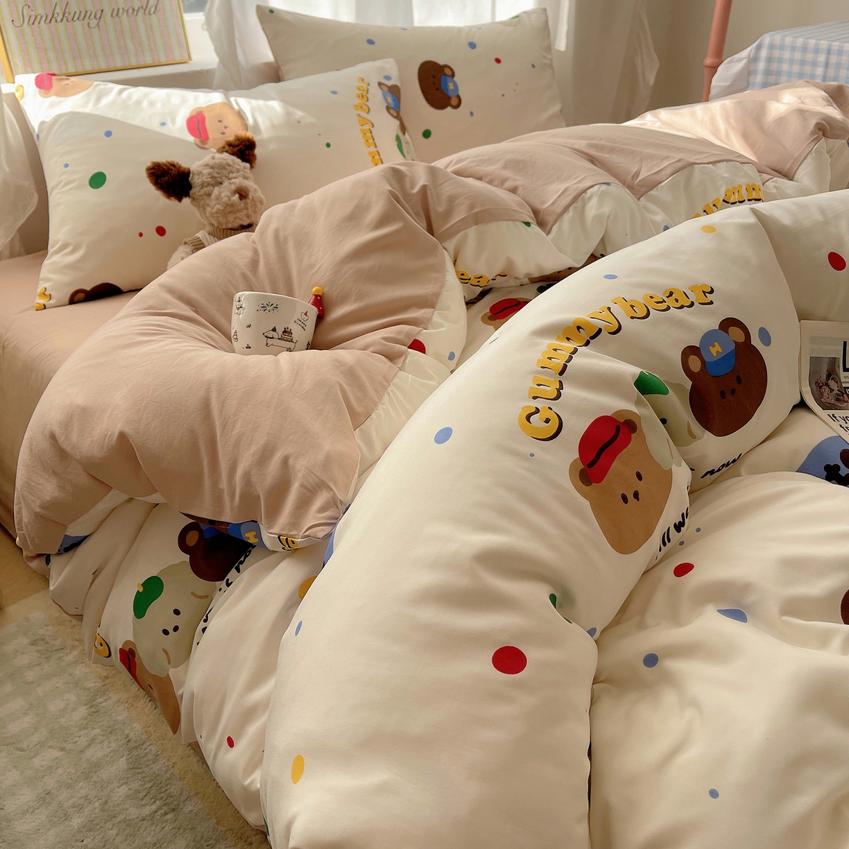 91家纺网 家纺一手货源 找家纺 沐芷 2026 A类105g水洗棉四件套超柔手感床上宿舍三件套床单被套 复古小熊