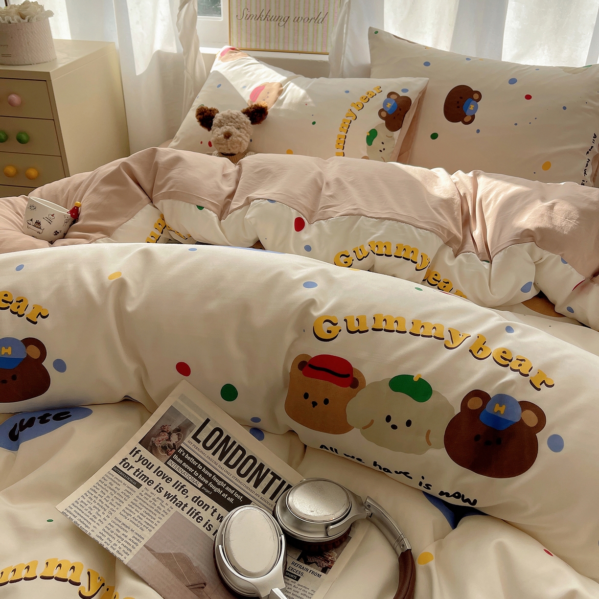 91家纺网 家纺一手货源 找家纺 沐芷 2026 A类105g水洗棉四件套超柔手感床上宿舍三件套床单被套 复古小熊