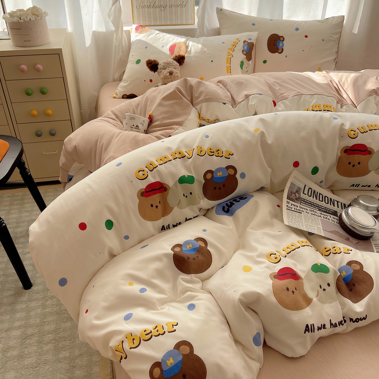 91家纺网 家纺一手货源 找家纺 沐芷 2026 A类105g水洗棉四件套超柔手感床上宿舍三件套床单被套 复古小熊