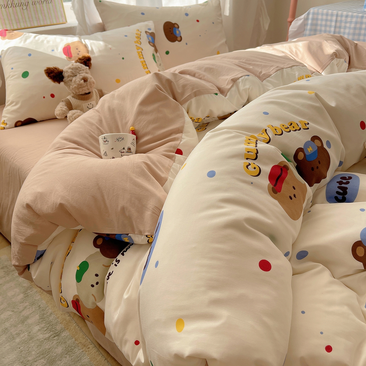 91家纺网 家纺一手货源 找家纺 沐芷 2026 A类105g水洗棉四件套超柔手感床上宿舍三件套床单被套 复古小熊