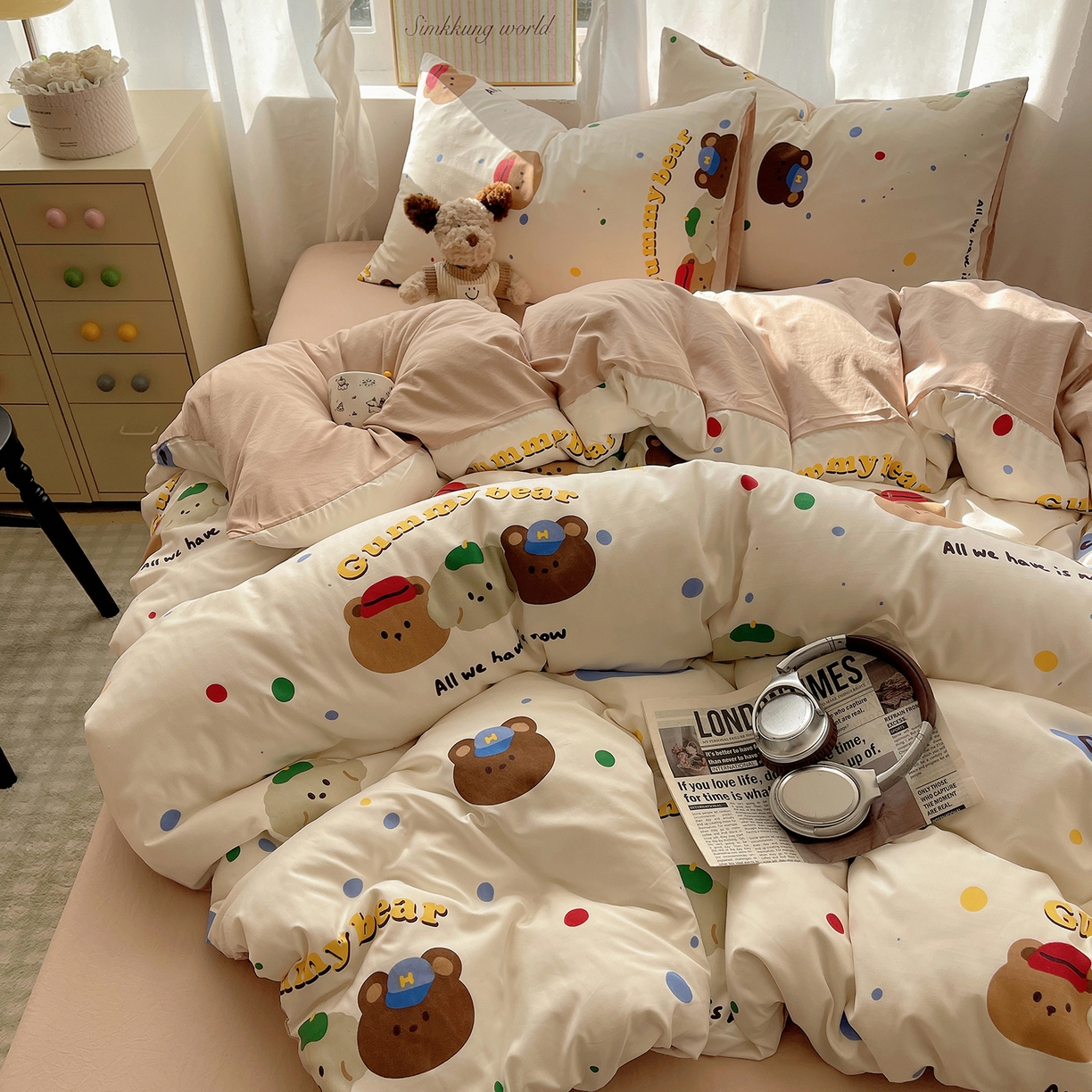 91家纺网 家纺一手货源 找家纺 沐芷 2026 A类105g水洗棉四件套超柔手感床上宿舍三件套床单被套 复古小熊