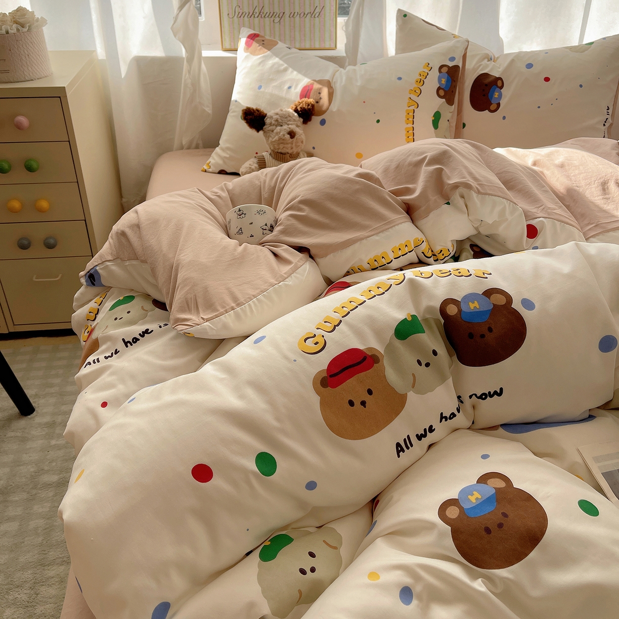 91家纺网 家纺一手货源 找家纺 沐芷 2026 A类105g水洗棉四件套超柔手感床上宿舍三件套床单被套 复古小熊