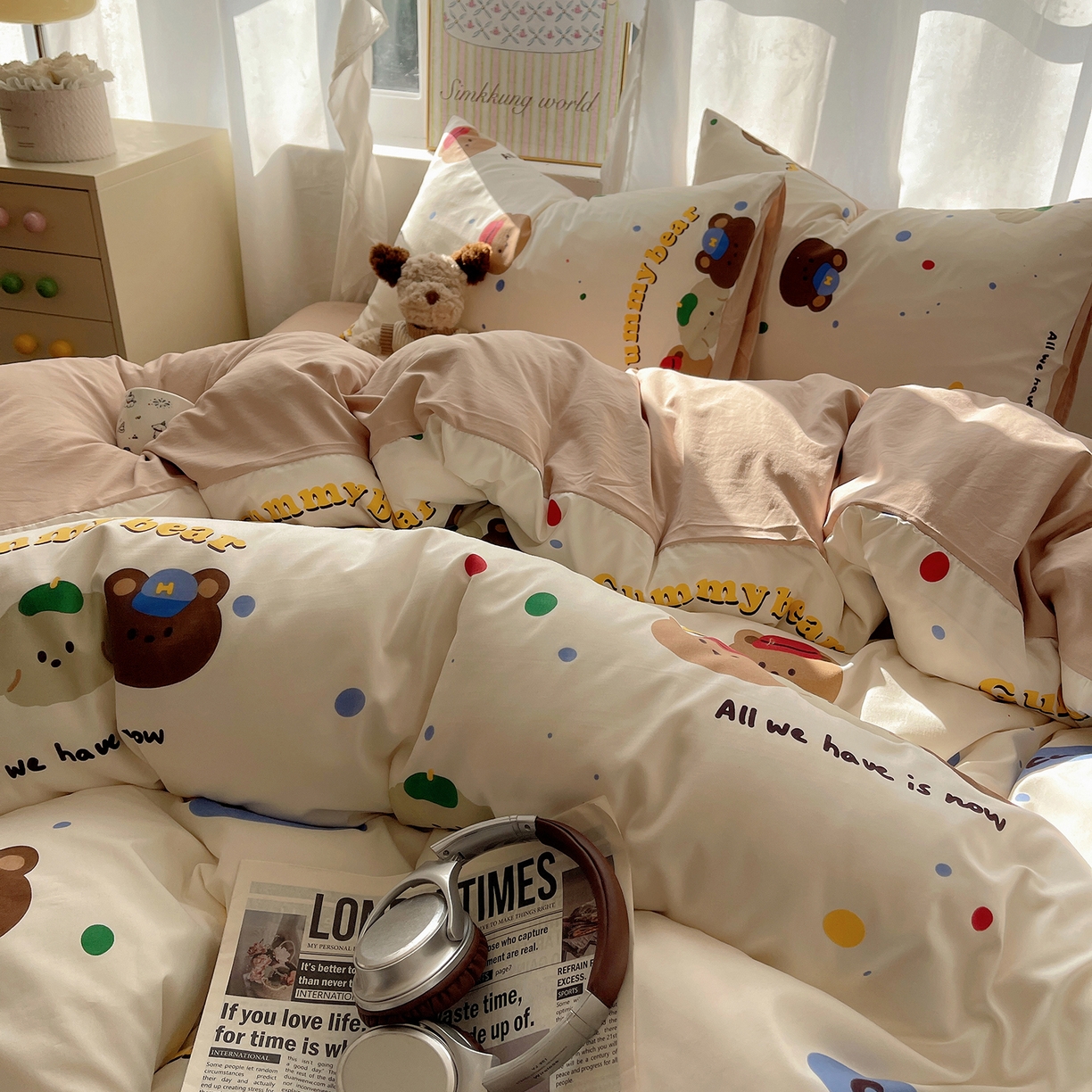 91家纺网 家纺一手货源 找家纺 沐芷 2026 A类105g水洗棉四件套超柔手感床上宿舍三件套床单被套 复古小熊