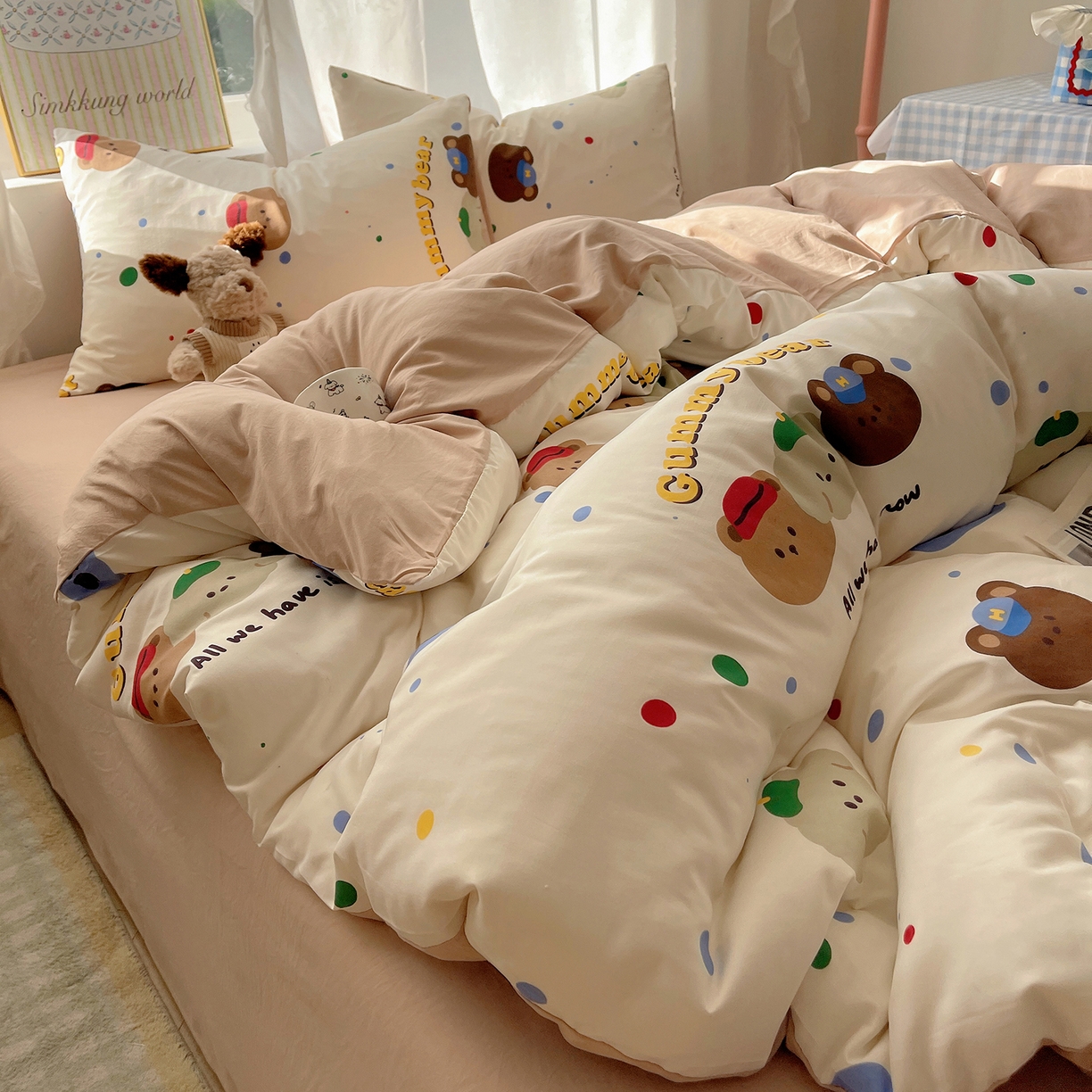 91家纺网 家纺一手货源 找家纺 沐芷 2026 A类105g水洗棉四件套超柔手感床上宿舍三件套床单被套 复古小熊