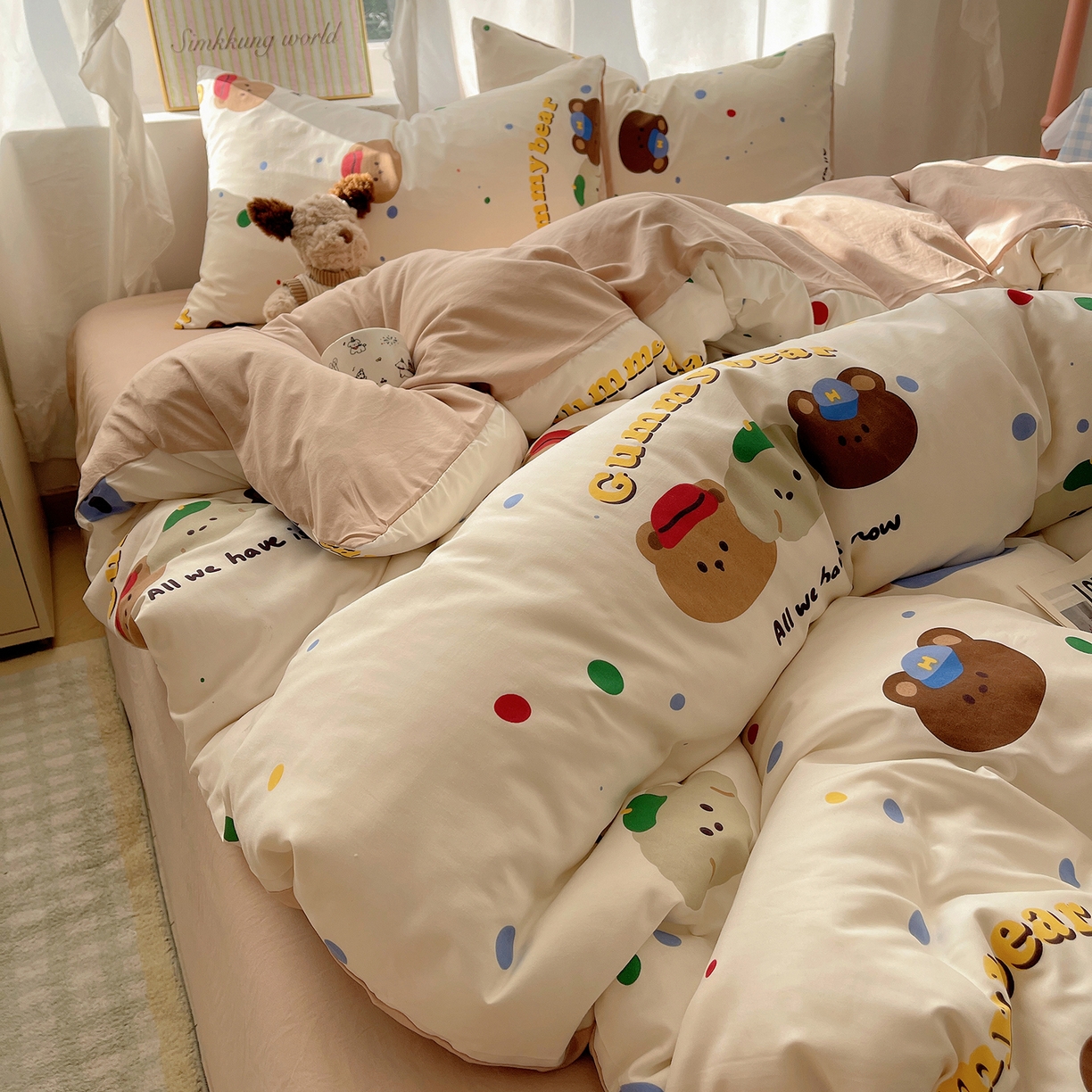 91家纺网 家纺一手货源 找家纺 沐芷 2026 A类105g水洗棉四件套超柔手感床上宿舍三件套床单被套 复古小熊