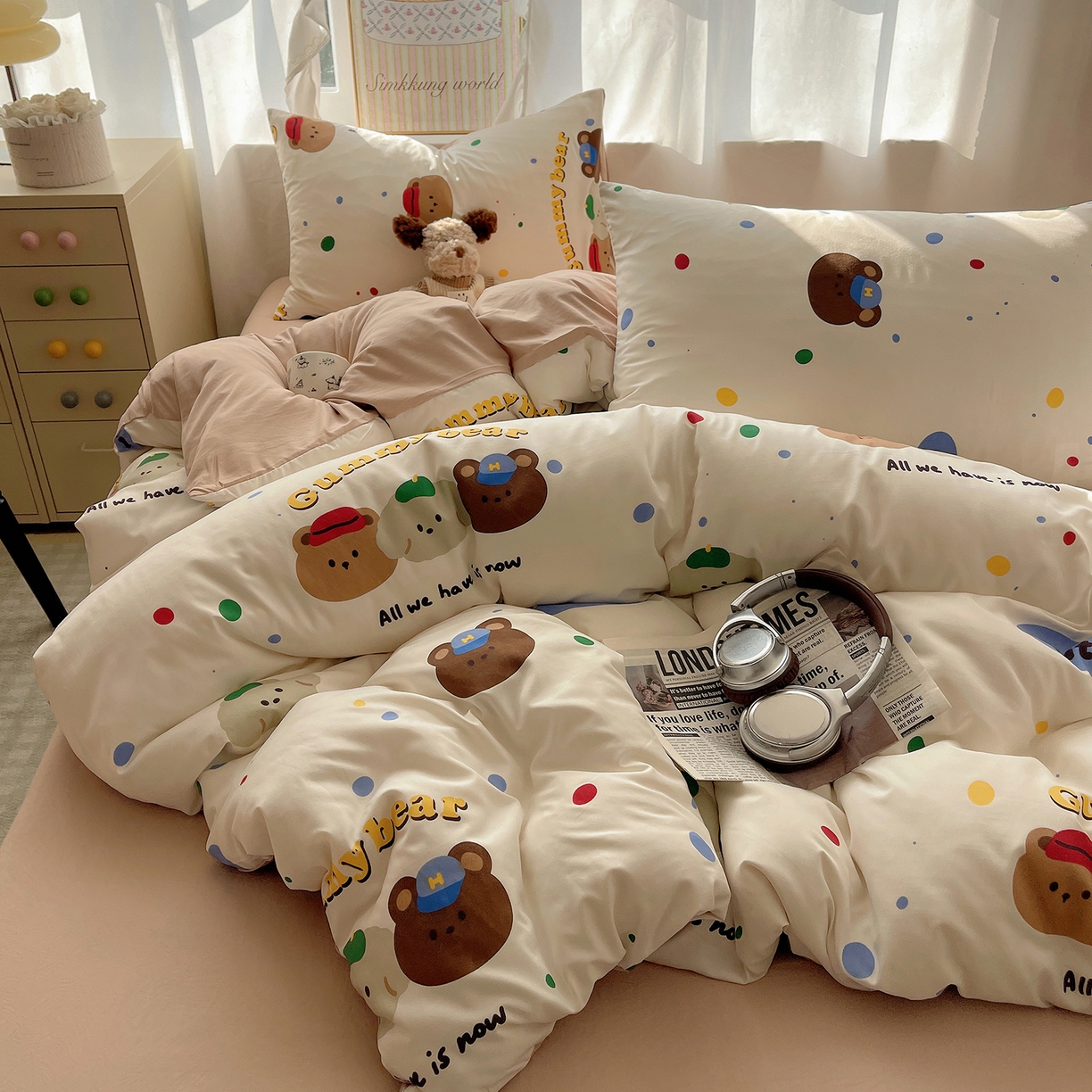 91家纺网 家纺一手货源 找家纺 沐芷 2026 A类105g水洗棉四件套超柔手感床上宿舍三件套床单被套 复古小熊