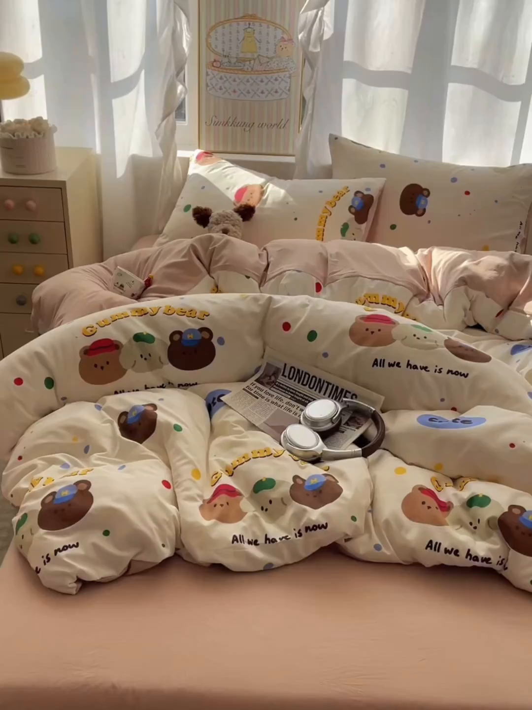 91家纺网 家纺一手货源 找家纺 沐芷 2026 A类105g水洗棉四件套超柔手感床上宿舍三件套床单被套 复古小熊