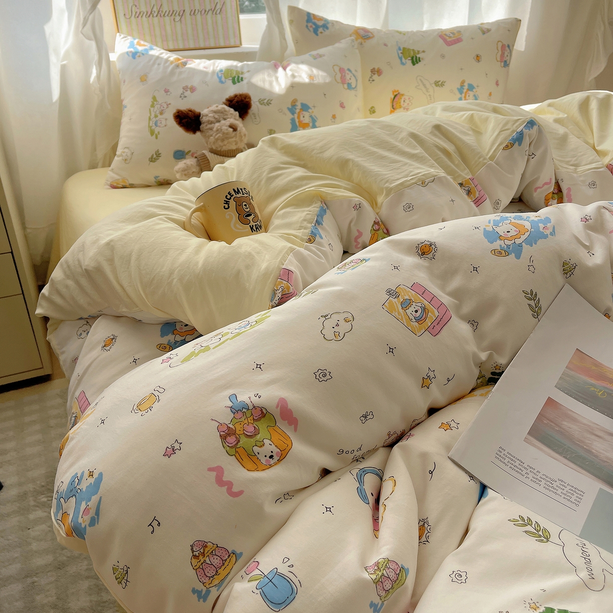 沐芷 2026 A类105g水洗棉四件套超柔手感床上宿舍三件套床单被套 开心时光