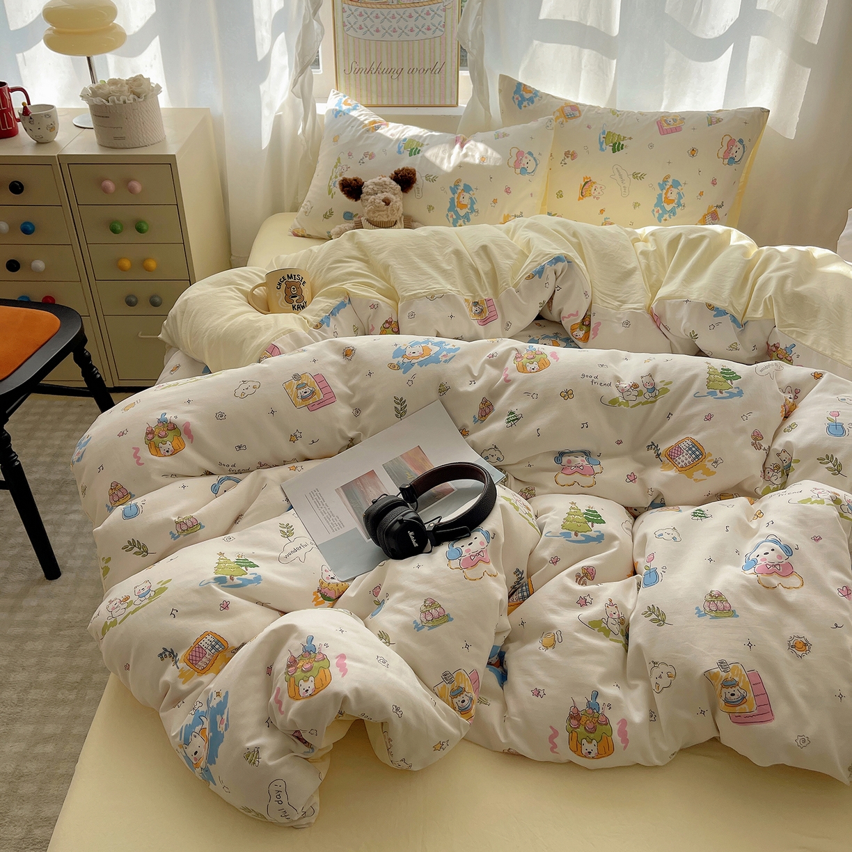 91家纺网 家纺一手货源 找家纺 沐芷 2026 A类105g水洗棉四件套超柔手感床上宿舍三件套床单被套 开心时光