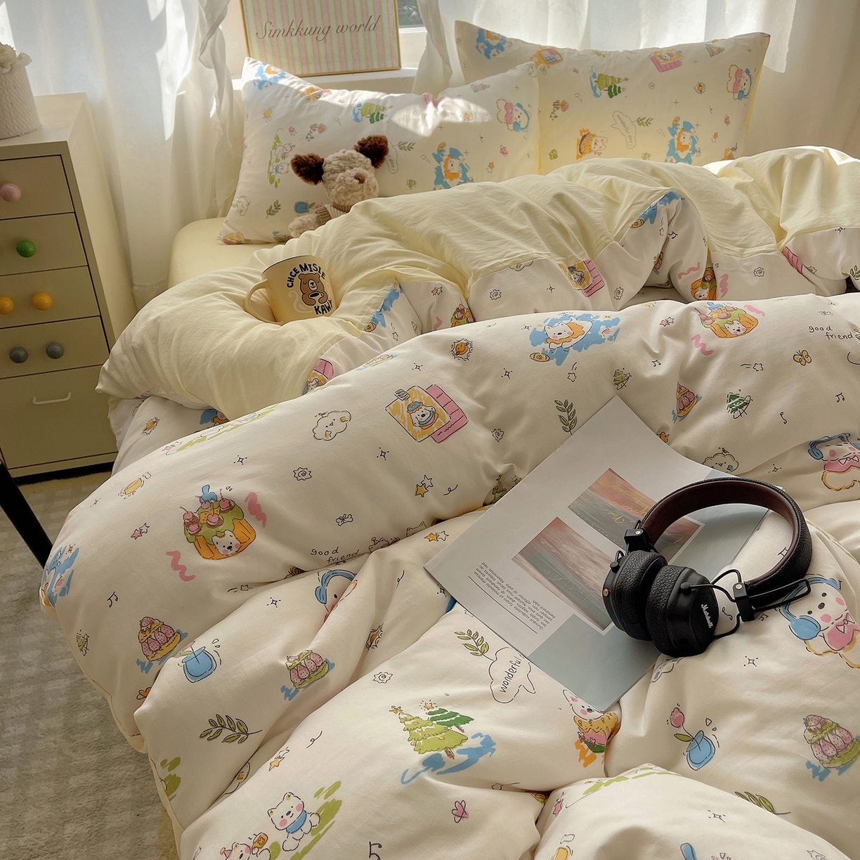 91家纺网 家纺一手货源 找家纺 沐芷 2026 A类105g水洗棉四件套超柔手感床上宿舍三件套床单被套 开心时光