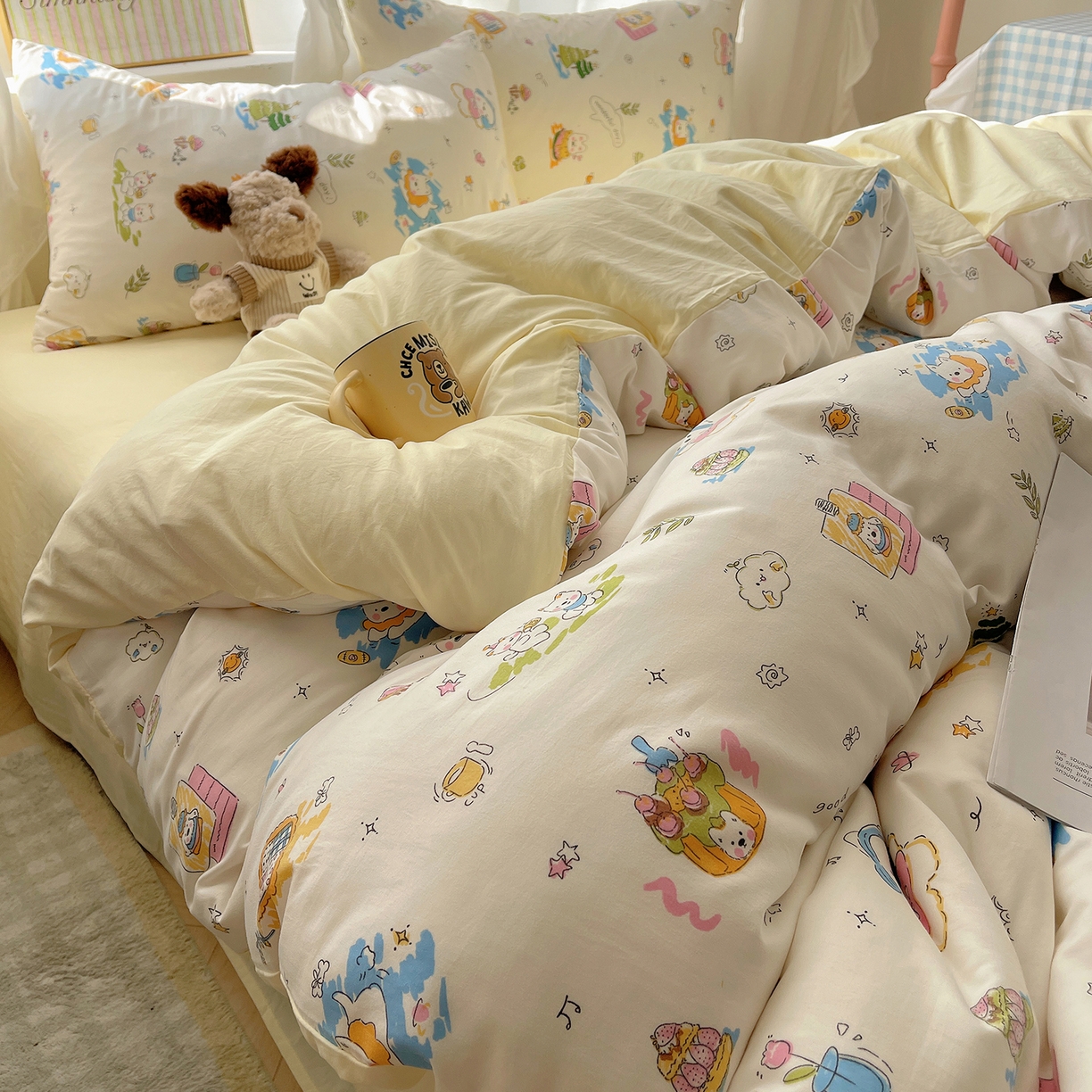 91家纺网 家纺一手货源 找家纺 沐芷 2026 A类105g水洗棉四件套超柔手感床上宿舍三件套床单被套 开心时光