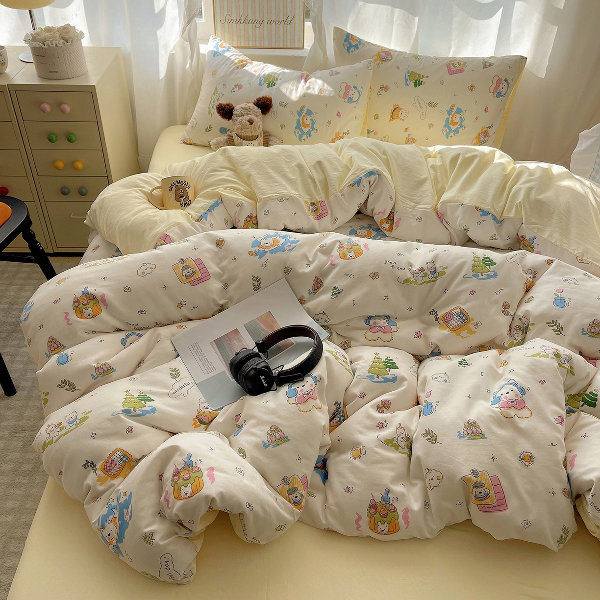 91家纺网 家纺一手货源 找家纺 沐芷 2026 A类105g水洗棉四件套超柔手感床上宿舍三件套床单被套 开心时光