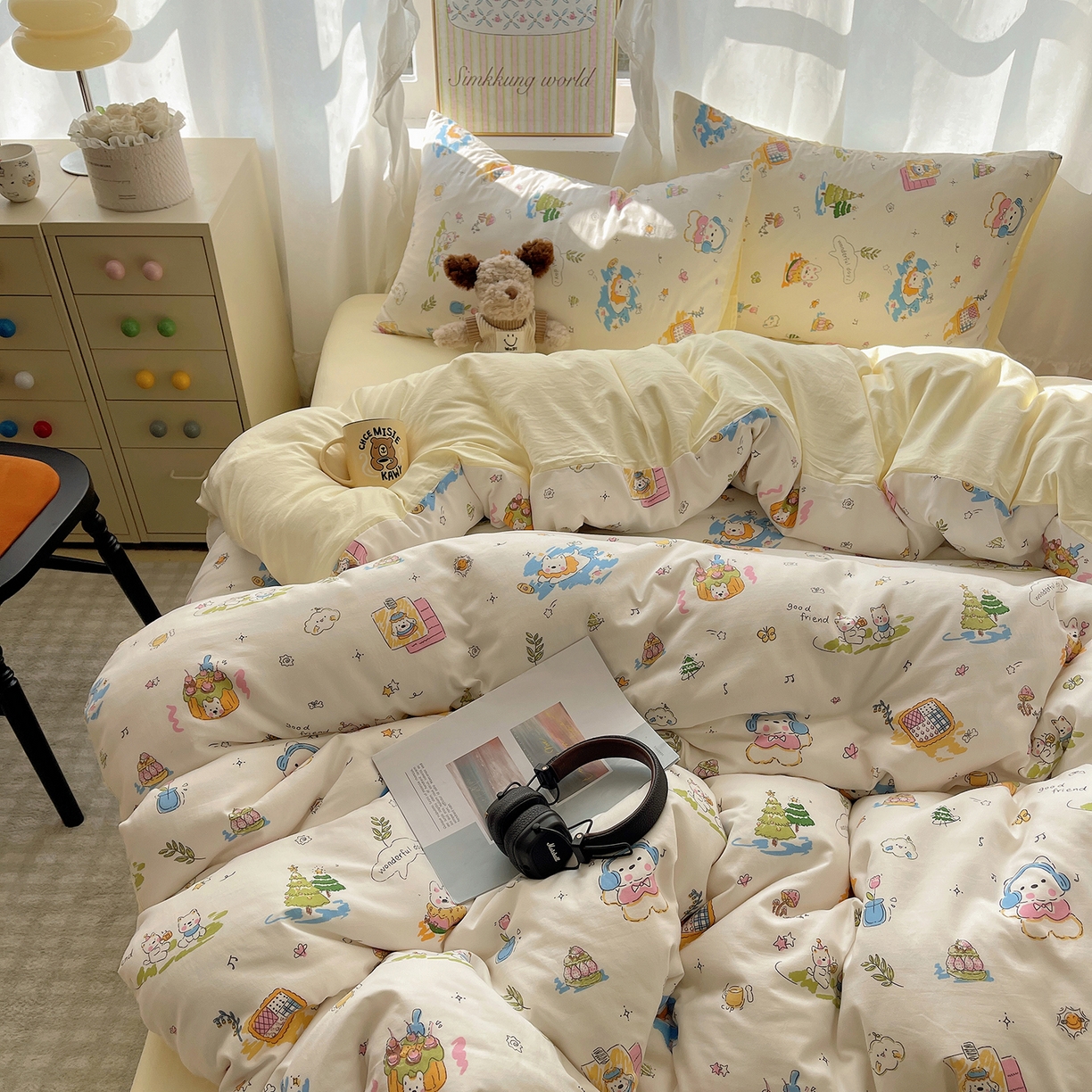 91家纺网 家纺一手货源 找家纺 沐芷 2026 A类105g水洗棉四件套超柔手感床上宿舍三件套床单被套 开心时光