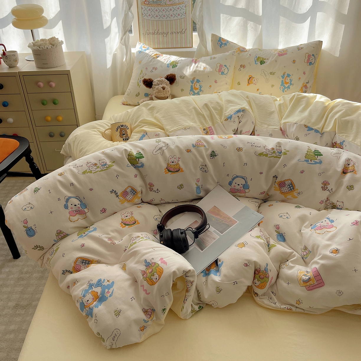 91家纺网 家纺一手货源 找家纺 沐芷 2026 A类105g水洗棉四件套超柔手感床上宿舍三件套床单被套 开心时光