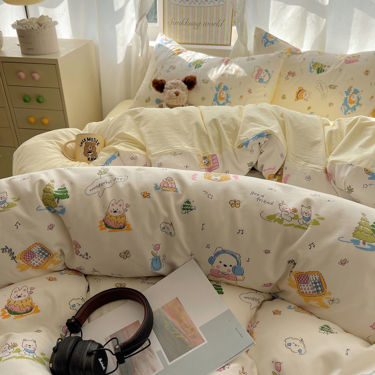 91家纺网 家纺一手货源 找家纺 沐芷 2026 A类105g水洗棉四件套超柔手感床上宿舍三件套床单被套 开心时光