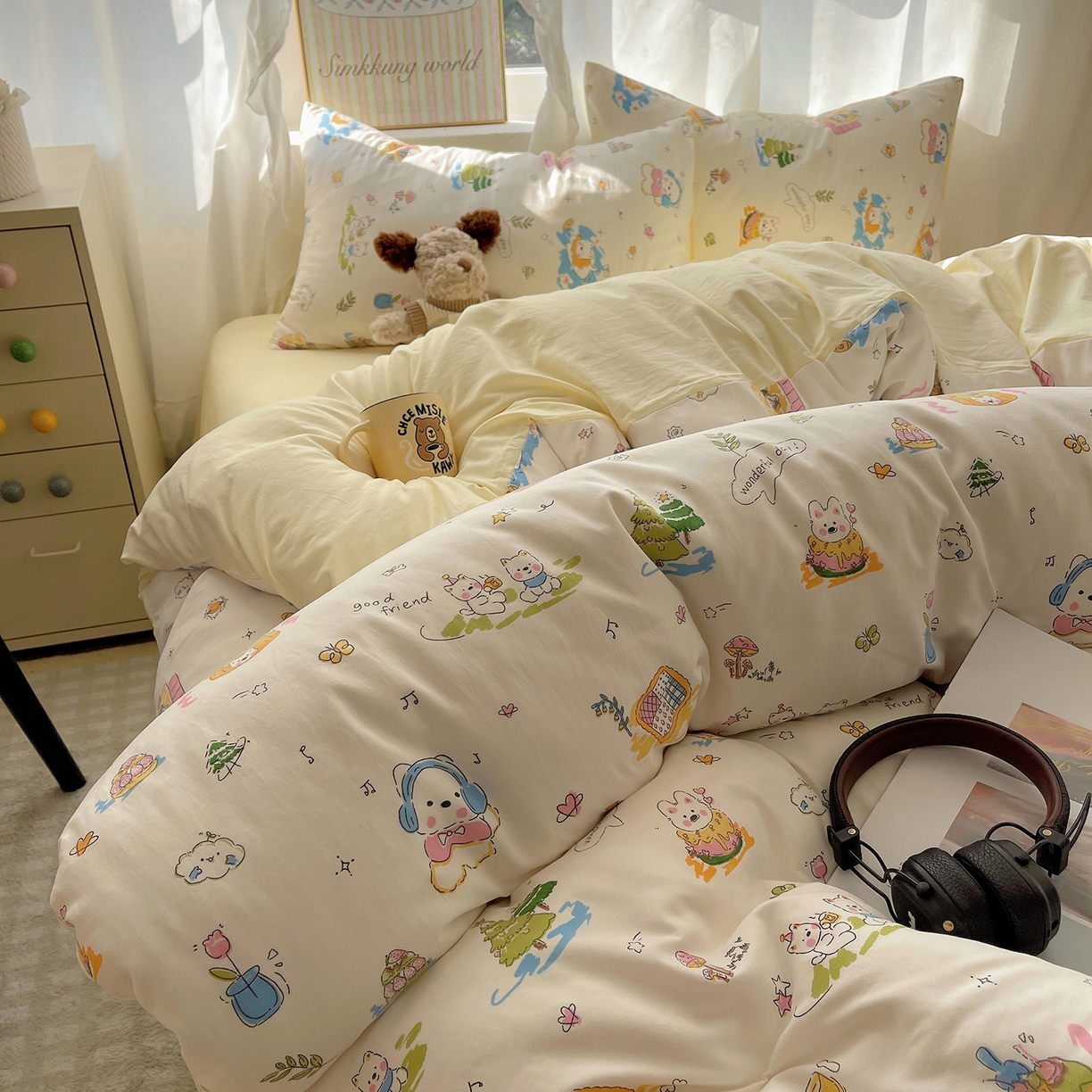 91家纺网 家纺一手货源 找家纺 沐芷 2026 A类105g水洗棉四件套超柔手感床上宿舍三件套床单被套 开心时光