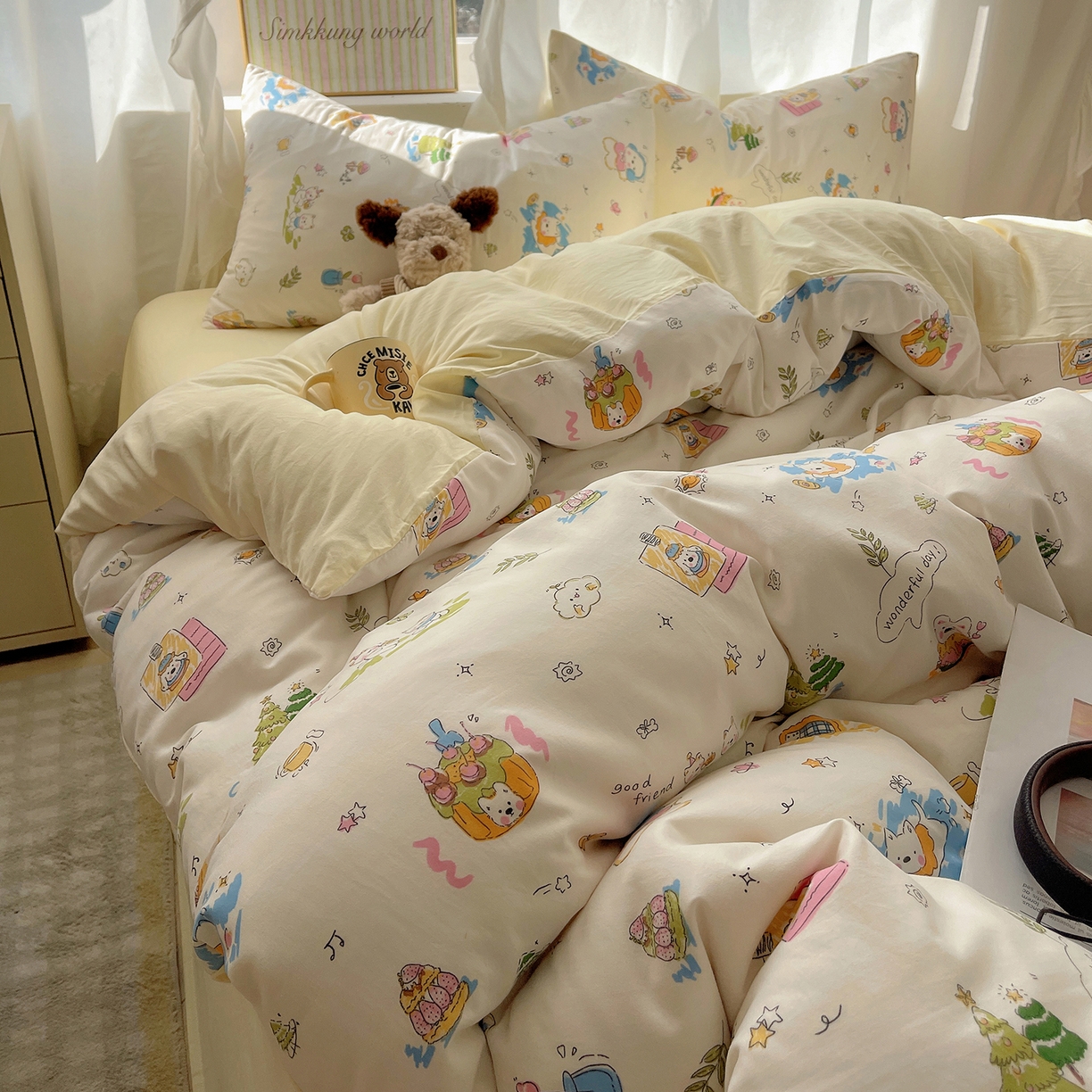 91家纺网 家纺一手货源 找家纺 沐芷 2026 A类105g水洗棉四件套超柔手感床上宿舍三件套床单被套 开心时光