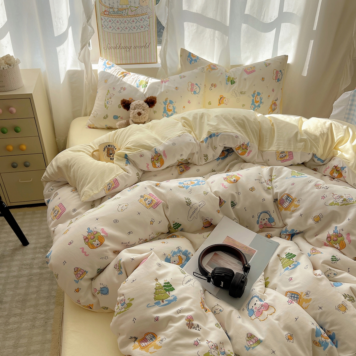 91家纺网 家纺一手货源 找家纺 沐芷 2026 A类105g水洗棉四件套超柔手感床上宿舍三件套床单被套 开心时光