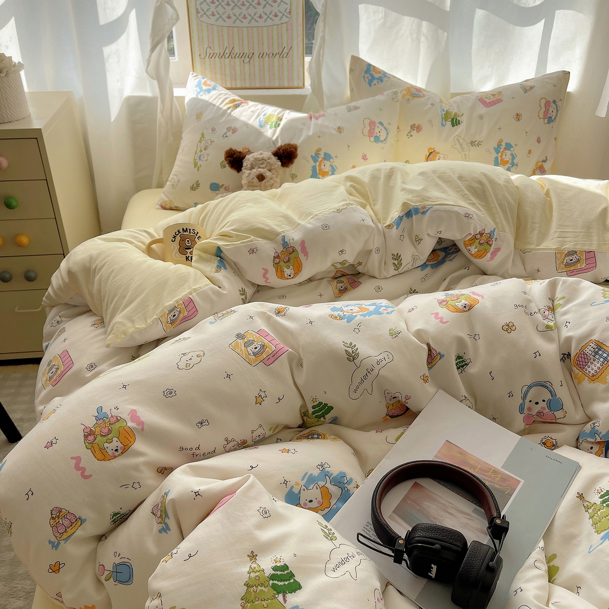 91家纺网 家纺一手货源 找家纺 沐芷 2026 A类105g水洗棉四件套超柔手感床上宿舍三件套床单被套 开心时光