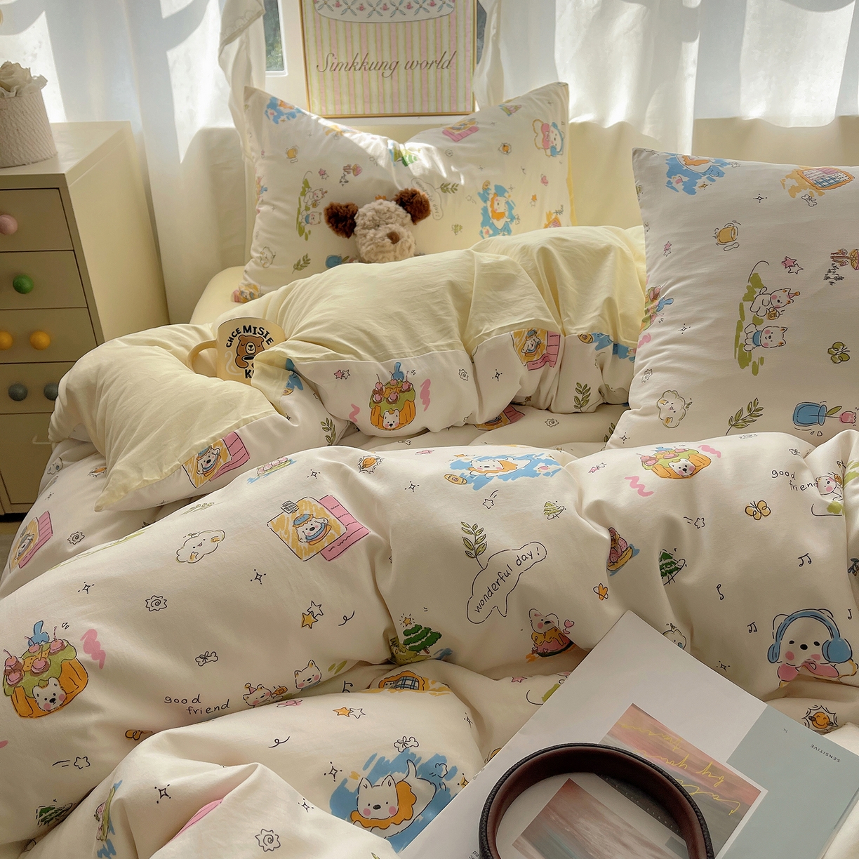 91家纺网 家纺一手货源 找家纺 沐芷 2026 A类105g水洗棉四件套超柔手感床上宿舍三件套床单被套 开心时光