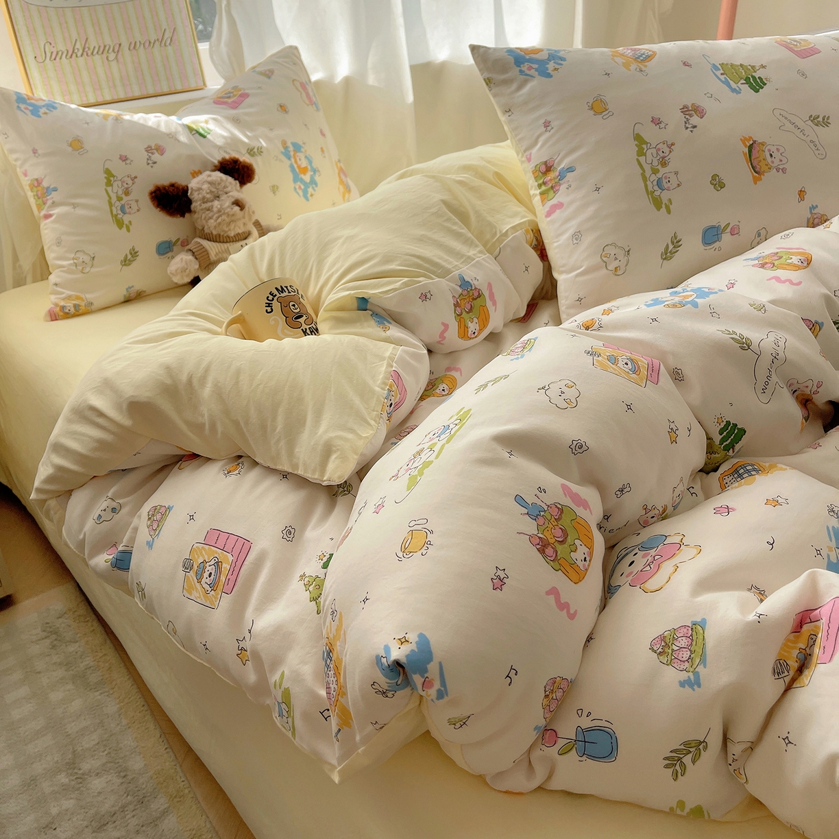 91家纺网 家纺一手货源 找家纺 沐芷 2026 A类105g水洗棉四件套超柔手感床上宿舍三件套床单被套 开心时光