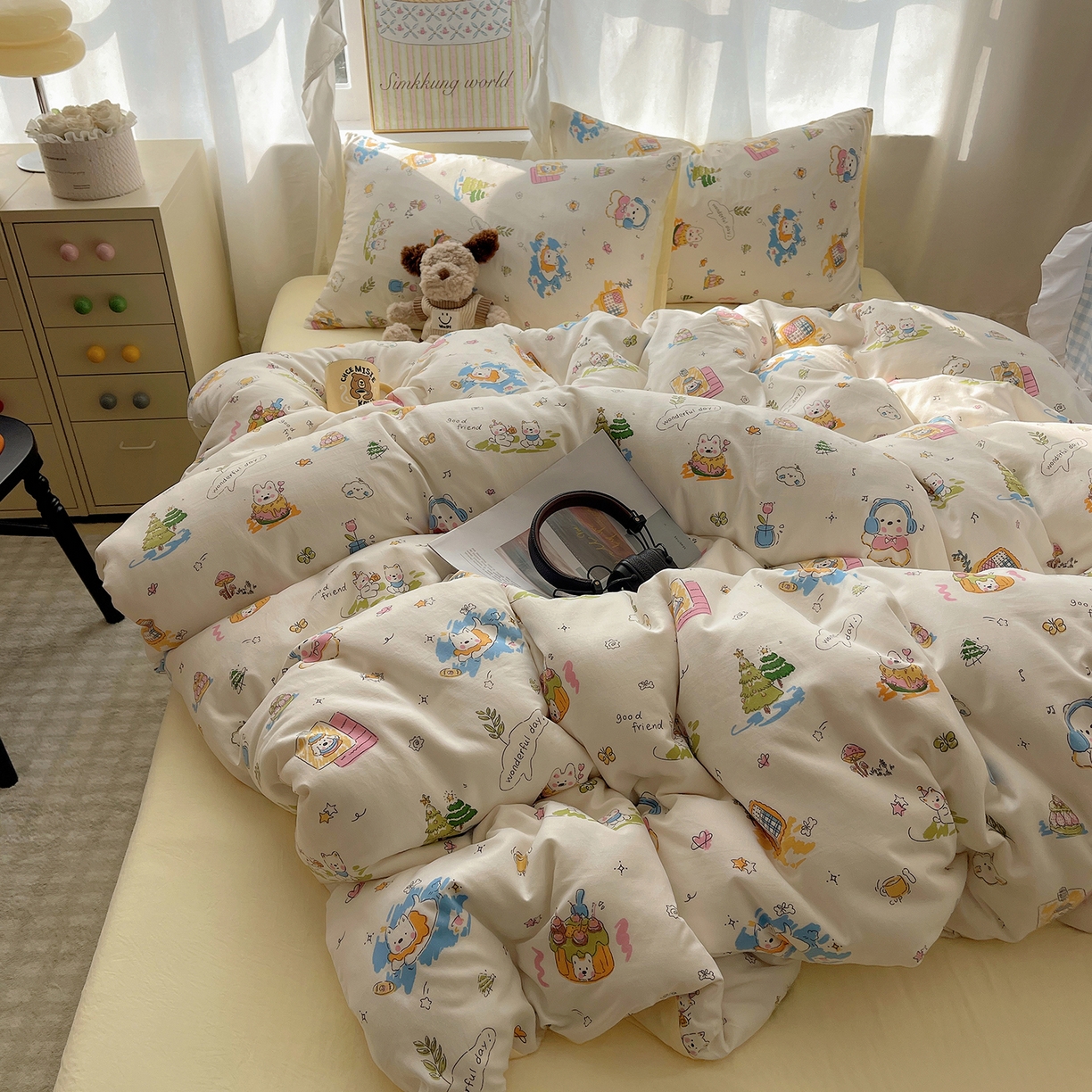 91家纺网 家纺一手货源 找家纺 沐芷 2026 A类105g水洗棉四件套超柔手感床上宿舍三件套床单被套 开心时光